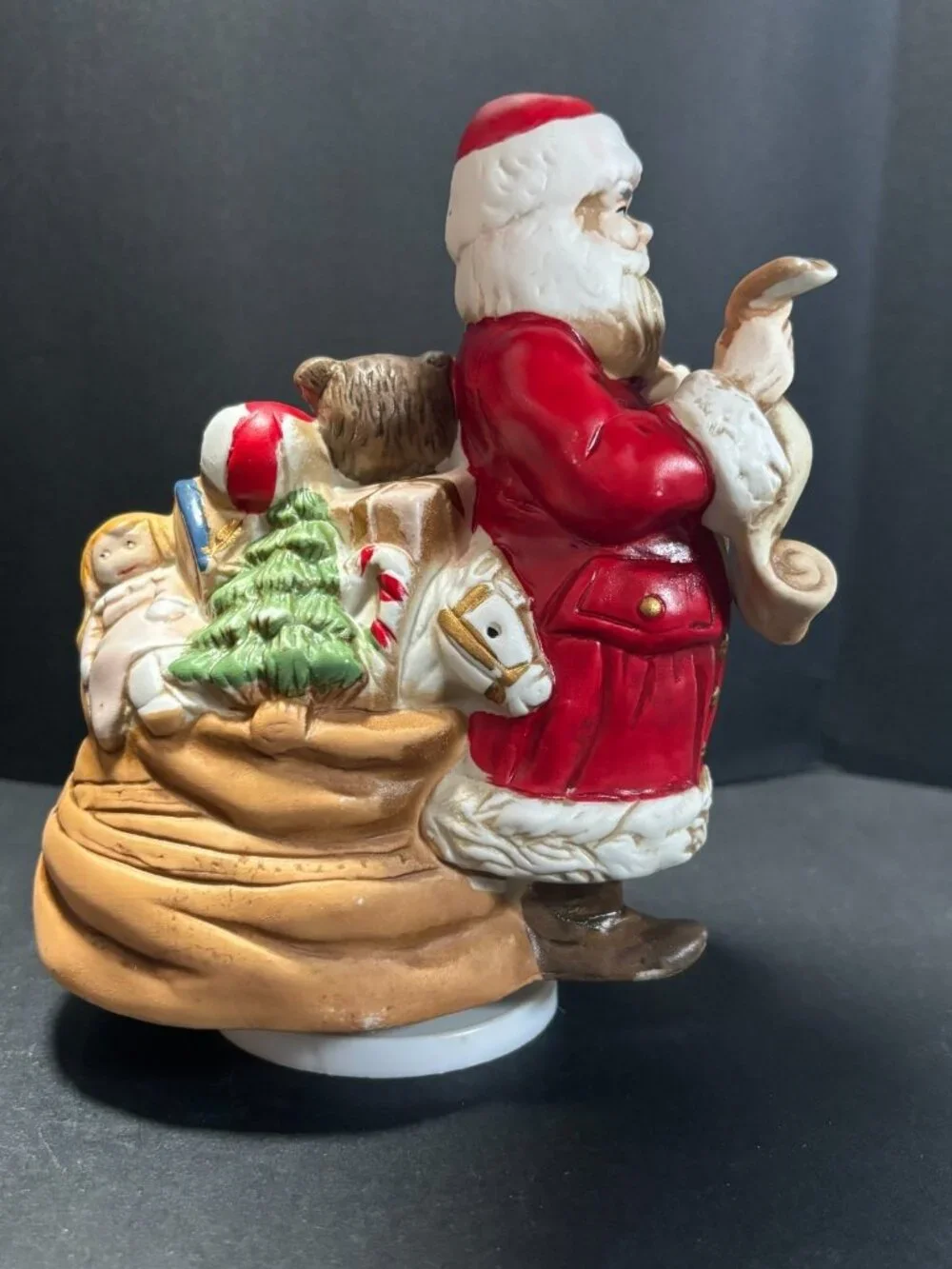 Santas List Christmas Holiday Music Box Figurine Cermaic Vintage 1980s